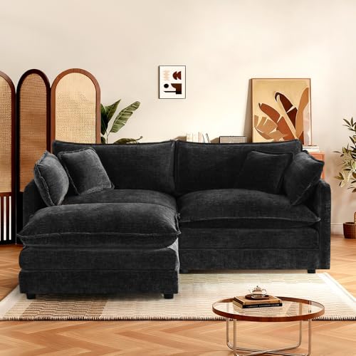70.8" Chenille L Shaped Modular Sofa with Ottoman,Black | Randomly Assemble Modular Sofa Sets, Modern Recliner Deep Seat Sofa Set for Living Room,Office - color: Black, size: 2S+1O