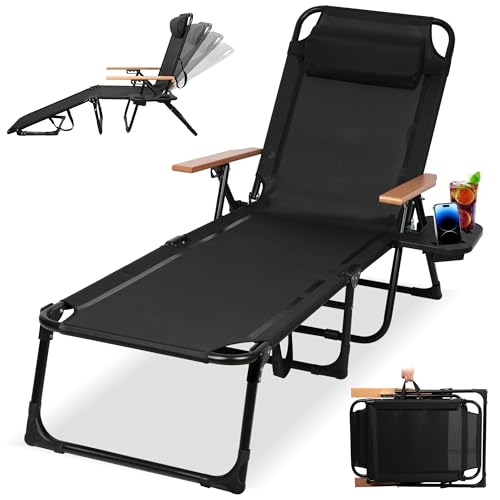 Beach Lounge Chair, Folding Outdoor Chaise Lounge Chair with Arms, 4-Position Backrest, Extended Sun Tanning Chair Pillow & Cup Holder, Patio Lounger for Outside for Beach Pool Patio Yard (Black) - color: Black