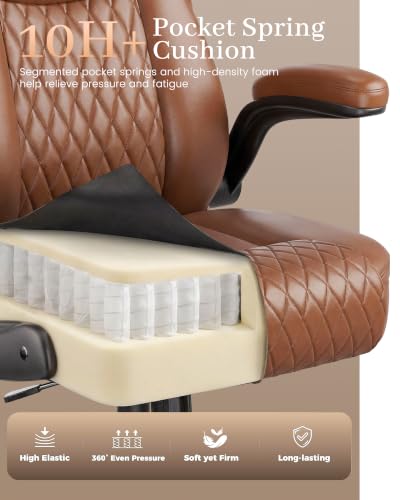 COMHOMA Mid-Back Office Chair, Ergonomic PU Desk Chair with Flip up Arms, Small Computer Gaming with Comfy Lumbar Support,Rocking Function,Sturdy Metal Base, Brown - color: Brown