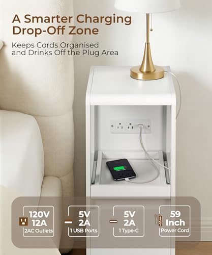 White Narrow Side Table, Slim End Table with Charging Station | Skinny nightstand with Drawers for couch, Wood, Modern, Sofa Bedside Table Tray for Living Room Bedroom Small Spaces, 8.9"W