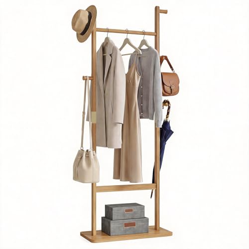 Solid Wood Coat Rack Freestanding, 71" Heavy Duty Clothes Rack with Dual Rods & Hooks, Stable Space Saving Hall Tree Entryway Organizer for Bedroom, Living Room (Natural) - color: Natural