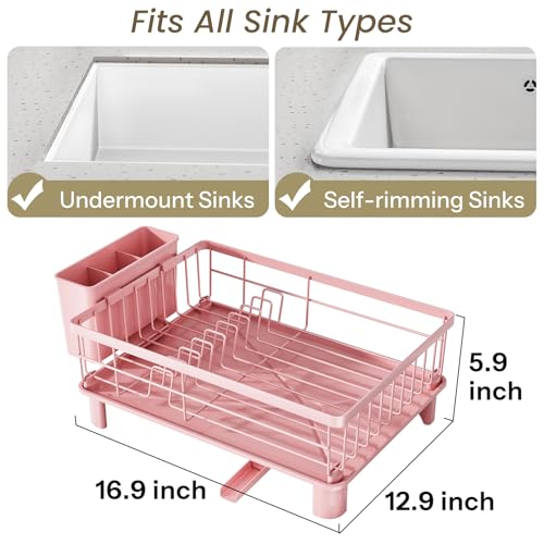 SNTD Dish Drying Rack for Small Kitchen Counter, 12.9" W x 16.9" L, Pink | Space Saving, Rotating Spout & Angled Drainboard for Quick Drainage, Stainless Steel, Removable Utensil Holder - color: Pink, size: 12.9" W x 16.9" L