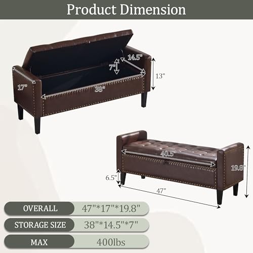 47'' Leather Storage Ottoman Bench, End of Bed Storage Bench with Wooden Legs, Upholstered Tufted Ottoman with Storage for Bedroom, Living Room, Entryway, Dark Brown - color: Pu-dark Brown