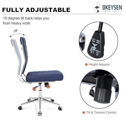 Okeysen Armless Office Desk Chair, Mid Back Ergonomic Swivel Conference Room Chair, Adjustable Height PU Leather Home Desk Chair, Modern Small Rolling Computer Task Chair, Navy Blue - color: Navy Blue