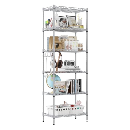 Homdox 6-Tier Storage Shelf Wire Shelving Unit Free Standing Rack Organization with Adjustable Leveling Feet, Stainless Side Hooks, Silver - color: Silver, size: 21.26*11.42*62.99 inch