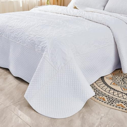 MarCielo 100% Cotton Quilt Set - 3-Piece Embroidered Farmhouse Bedspread & Shams, All-Season Breathable Bedding (Bright White,Queen) - color: Bright White, size: Queen (98" x 90")