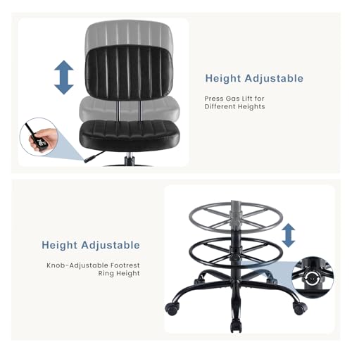 DUMOS Armless Drafting Chair, Standing Desk Chair, Rolling Stool | Ergonomic Low Back Office Seat, Height Adjustable with Footrest Ring, PU Leather, Swivel Wheels, Studio Lab Counter, Black - color: Black