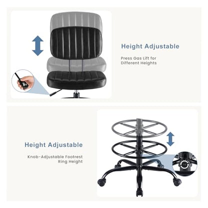 DUMOS Armless Drafting Chair, Standing Desk Chair, Rolling Stool | Ergonomic Low Back Office Seat, Height Adjustable with Footrest Ring, PU Leather, Swivel Wheels, Studio Lab Counter, Black - color: Black