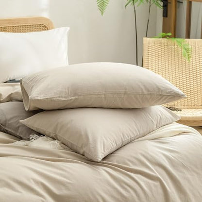 BESTOUCH Cotton Solid Duvet Cover Set Almond Milk Grey Oversized Full | 100% Washed Cotton, Soft Wrinkle Texture, Hidden Zipper, 8 Ties, Breathable Lightweight Durable Comfy, 3 Pcs No Insert - color: Almond Milk Grey (No Comforter), size: Oversized Full (