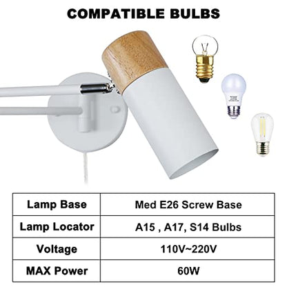 COSYLUX Modern Industrial Swing Arm Wall Lamp with Plug in Cord for Bedroom, Living Room, Office, Rotatable Lampshade Plug in Wall Sconces Light Fixture for Reading and Working, White (NO Bulb)