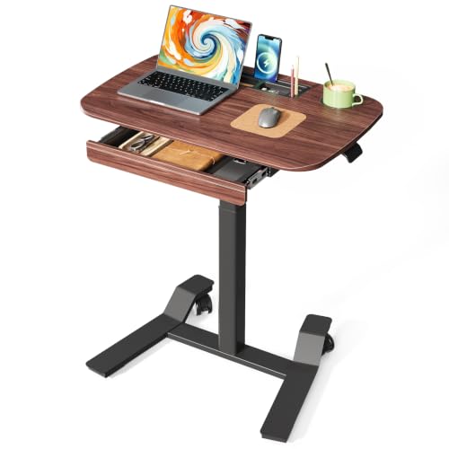 JOY worker Rolling Desk Adjustable Height, Mobile Standing Desk with Drawer | 28" Small Portable Laptop Workstation, Low Base & Moveable Wheels, Cable Storage Tray, Cup Holder, Dark Walnut, Home Office - color: Dark Walnut
