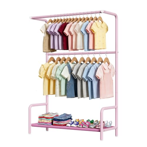 Kids Clothing Rack Double Rods for Bedroom Playroom Pink | Double Rod Design, Powder Coated Steel, Bottom Storage Shelf, for Baby Toddler Clothes, Dress Up, Nursery, Bedroom, Playroom - color: Pink