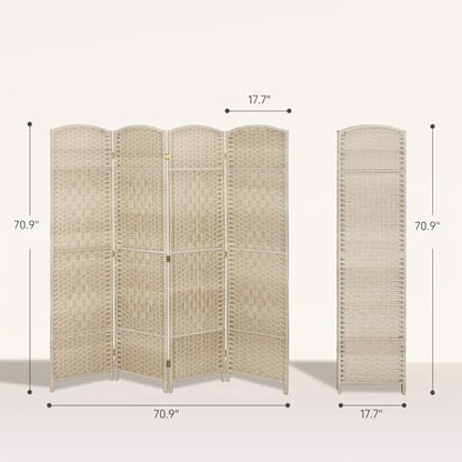 HOMCOM 4 Panel Room Divider 6 Ft Privacy Screen Hand-Woven Washed Oak | Folding PP Wall Partition, Pine Wood Frame, Freestanding Room Separator, Bedroom Home Office, No Assembly - color: Washed Oak, size: 4 Panel