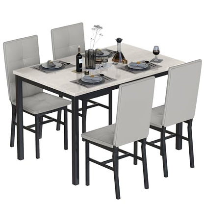 Hooseng Dining Table Set for 4, Faux Marble Small Kitchen Table with 4 PU Leather Chairs, Modern 5 Piece Dinner Table Set for Dining Room, Breakfast Nook, Samll Space, Grey - color: Grey