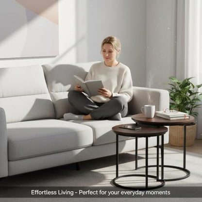 Round Nesting Coffee Table Set of 2, Stacking Minimalist End Table | Modern Marble Pattern Wooden Nesting Tables for Living Room Bedroom Small Space, Black Leg+Brown top - color: Black Leg+brown Top