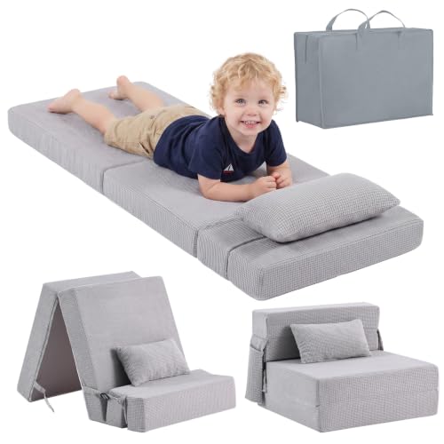 Kids Folding Sofa Bed, Floor Mattress, Foldable Futon Mattress | Toddler Fold Out Couch, Foldable Floor Nap Mat, Washable Kids Mattress with Storage Bag for Travel Camping Outdoor Use，Grey - color: Waffle Grey