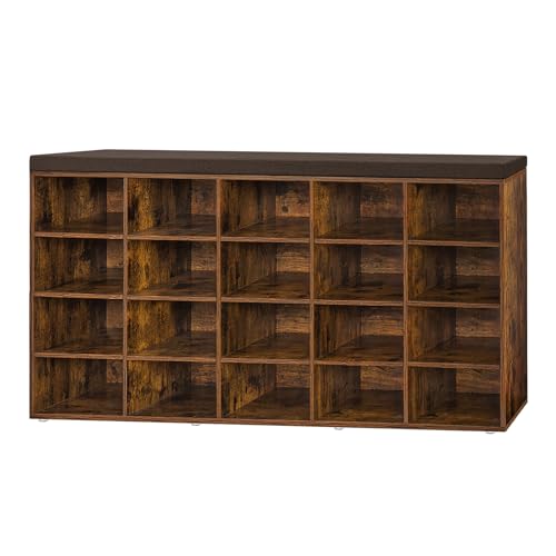 Shoe Storage Bench, 20-Cubby Shoe Rack Bench with Cushion | 50.5"L Entryway Shoe Organizer, Fully Adjustable Shelves for Boots, Removable Washable Cushion, Closet/Hallway, Rustic Brown - color: Rustic Brown, size: 20 Cubby