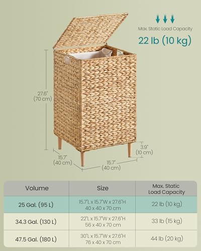 SONGMICS Laundry Hamper With Lid, 95 L Wicker Handwoven Water Hyacinth | Wicker Laundry Basket , Natural Material, Removable Machine Washable Liners, Natural ELIOTT Collection ULCB201Y01 - color: Natural, size: 95 L (Handwoven）