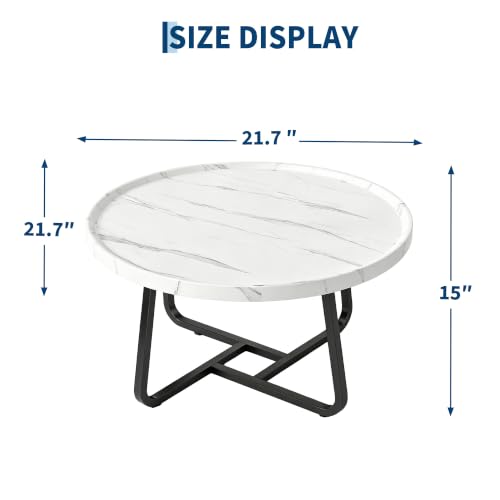 Garvee 19.7 in Round Coffee Table with Wood Surface Top & Sturdy Metal Leg | Small White Center Table, Easy-Clean & Waterproof, Raised Edge Side Table Compact for Apartment, Living Room, Balconies - color: White