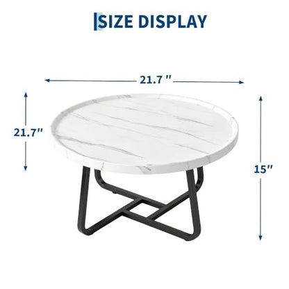 Garvee 19.7 in Round Coffee Table with Wood Surface Top & Sturdy Metal Leg | Small White Center Table, Easy-Clean & Waterproof, Raised Edge Side Table Compact for Apartment, Living Room, Balconies - color: White