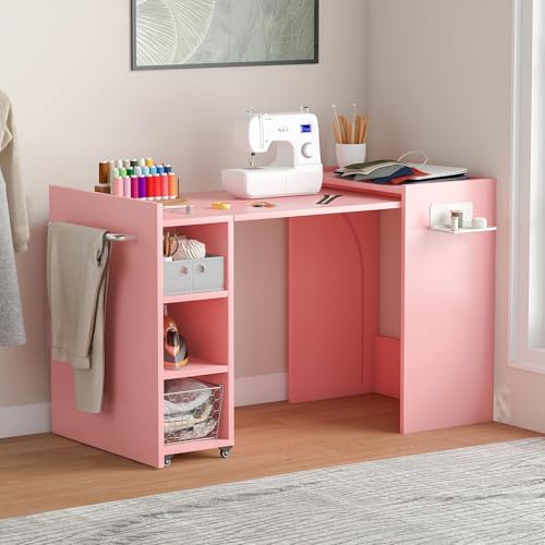 smilesun Folding Dining Table, Wall Mount Foldable Kitchen Table w/Fabric Drawer & Adjustable Storage Shelf, Space Saving Compact Expandable Pull Out Table for Small Spaces, Pink - color: Pink