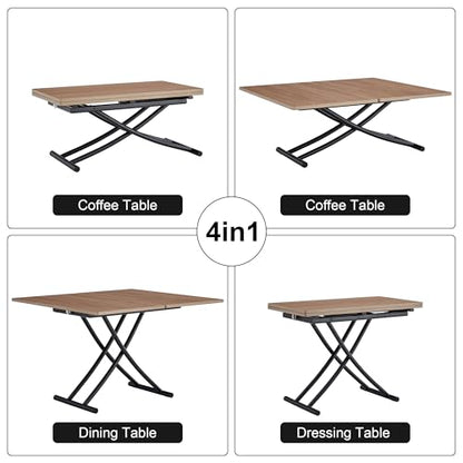 Liftable Folding Dining Table for 4, Adjustable Drop Leaf Table, Folding Coffee Table for Small Spaces, Scratch-Resistant Wood Top with Metal Frame for Apartment Kitchen Living Room - color: Dark Wood-black