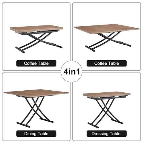 Liftable Folding Dining Table for 4, Adjustable Drop Leaf Table, Folding Coffee Table for Small Spaces, Scratch-Resistant Wood Top with Metal Frame for Apartment Kitchen Living Room - color: Dark Wood-black