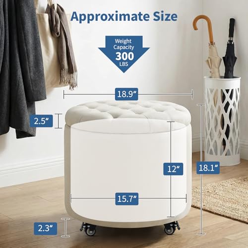 18.9 Inch Round Storage Ottoman with Wheels, Hidden Storage with Removable Lid, Stylish Button Tufted Design Ottoman for Living Room, Bedroom, Linen, Beige - color: Beige-1