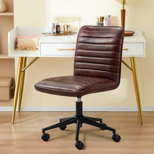 Furnimart Armless Swivel Rolling Desk Chair, Adjustable Faux Leather Vanity Chair with Gold Legs, Cute Task Chair with Wheels for Living Room Bedroom Studying Small Places(Dark Brown) - color: Dark Brown-faux Leather