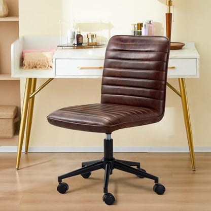 Furnimart Armless Swivel Rolling Desk Chair, Adjustable Faux Leather Vanity Chair with Gold Legs, Cute Task Chair with Wheels for Living Room Bedroom Studying Small Places(Dark Brown) - color: Dark Brown-faux Leather