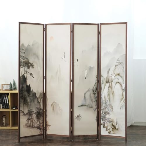 4 Panel Room Divider, 5.6 ft Tall Double-Sided Blackout Folding Privacy Screen – Freestanding Wall Partition with Mountains and Waters Landscape for Home Office, Easy Setup (67" H x 63" W) - color: Mountains and Waters, size: 4 Panel