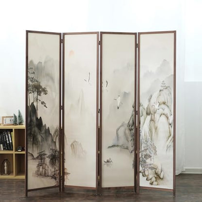 4 Panel Room Divider, 5.6 ft Tall Double-Sided Blackout Folding Privacy Screen – Freestanding Wall Partition with Mountains and Waters Landscape for Home Office, Easy Setup (67" H x 63" W) - color: Mountains and Waters, size: 4 Panel