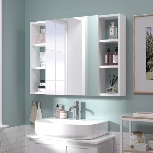 Bathroom Cabinet with Mirror, Wall Cabinet with 2 Mirrored Doors, Adjustable Shelf, Open Compartment, Wall-Mounted, 24x32 Inches, White (Assembly Required) - color: White, size: W32 x H24 - 1 Door