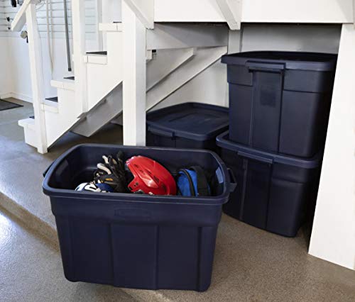 Rubbermaid Roughneck Tote 25 Gal, 4 Pack, Made in USA, Dark Indigo Metallic, Rugged Plastic Stackable Storage Bins with Lids and Handles - size: 25 Gal - 4 Pack