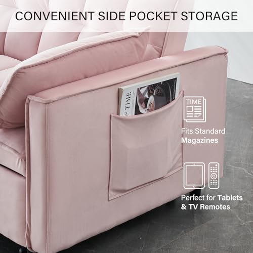 3 in 1 Convertible Sleeper Sofa Bed, Velvet Loveseat Futon Pull-Out Couch with Adjustable Reclining Backrest, Side Pockets and Pillows for Living Room, Bedroom, Apartment, Small Spaces (Pink-Velvet) - color: Pink-velvet