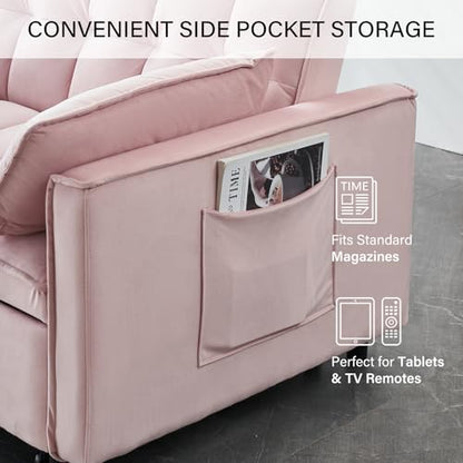 3 in 1 Convertible Sleeper Sofa Bed, Velvet Loveseat Futon Pull-Out Couch with Adjustable Reclining Backrest, Side Pockets and Pillows for Living Room, Bedroom, Apartment, Small Spaces (Pink-Velvet) - color: Pink-velvet