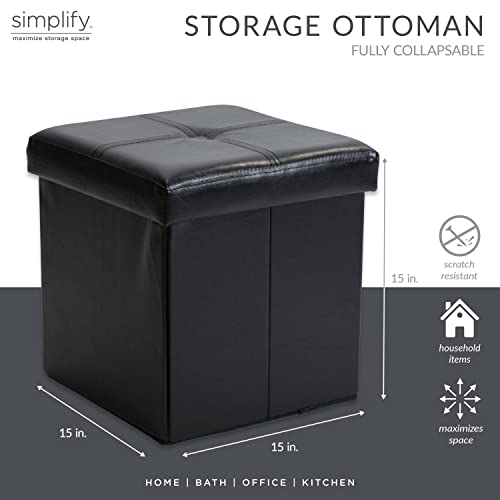 Simplify Faux Leather Folding Storage Ottoman | Single | Collapsible | Tufted Padded Seating | Foot Rest | Bench | Toy Box | Black - color: Black, size: 15"D x 15"W x 15"H