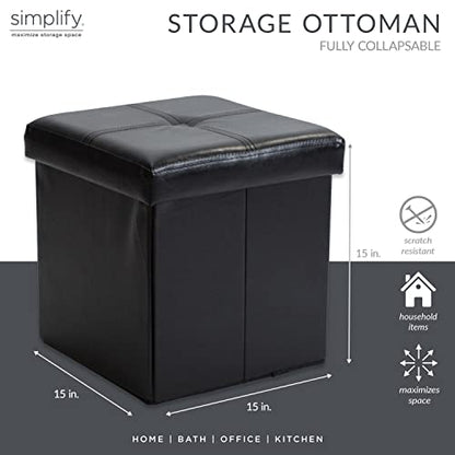 Simplify Faux Leather Folding Storage Ottoman | Single | Collapsible | Tufted Padded Seating | Foot Rest | Bench | Toy Box | Black - color: Black, size: 15"D x 15"W x 15"H