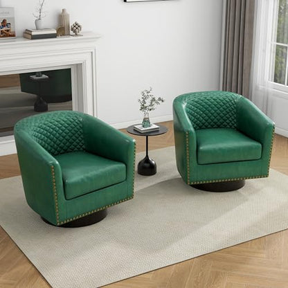 Faux Leather Swivel Accent Chair, Modern Barrel Club Armchair, Green | Comfy Living Room Chair, Modern Nailhead Trim Round Armchair Bedroom Reading Seat with Removable Cushion, Wood Frame - color: Retro Green