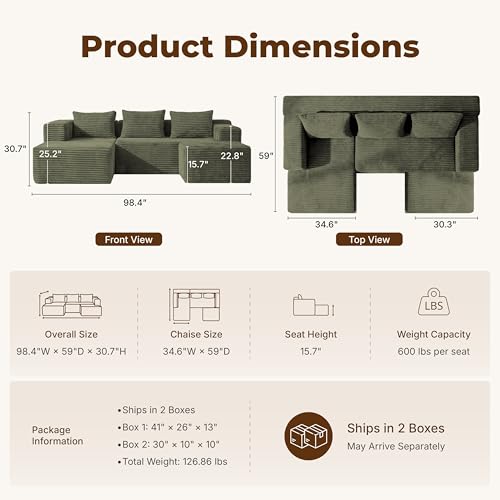 Modular Boneless U-Shaped Couches for Living Room with Side Pockets | Modern Sectional Boneless Corduroy Fluffy Couch Sofa with Deep Seat and Non-Slip Base, No Assembly, Green - color: Green, size: U-Shaped