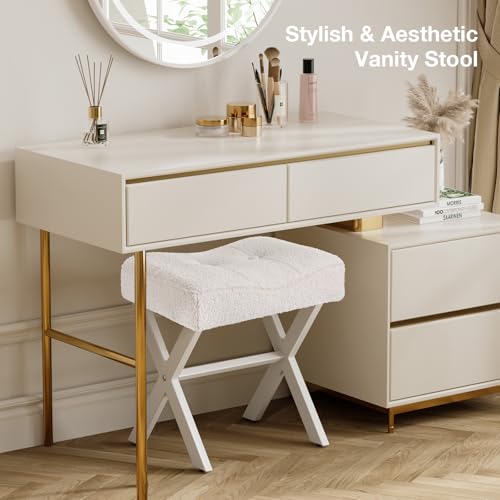 18-Inch Vanity Stool Chair, White Padded Saddle Makeup Stool | Teddy Flannel Vanity Bench, Metal X-Leg, 300 LBS, 16.3"x12.4"x18", Ottoman Accent Stool, Breathable Soft Saddle Seat - size: Small, style: White Fabric