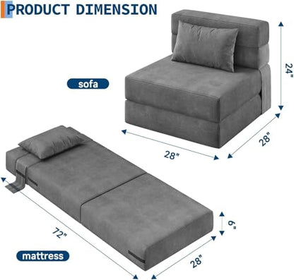73" Folding Sofa Bed Sleeper Chair, Convertible Futon Couch with Pillow, Single Size Foldable Mattress for Living Room, Dorm, Apartment & Home Office, Modern Linen Fabric,Small