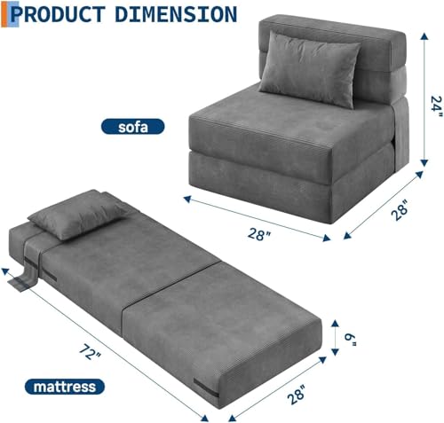 73" Folding Sofa Bed Sleeper Chair, Convertible Futon Couch with Pillow, Single Size Foldable Mattress for Living Room, Dorm, Apartment & Home Office, Modern Linen Fabric,Small