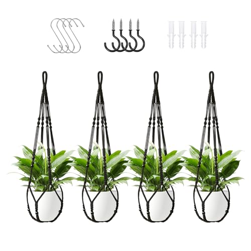 LEWESU Macrame Plant Hanger Indoor Set of 4 with 8 Hooks, Indoor Outdoor Hanging Planter for Plants Holder with Decorative Wood Beads & No Tassels, Boho Home Decor, 35 Inch Black (Pots Not Included) - color: Black, size: 35" Set of 4