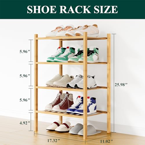 Smiry Bamboo Shoe Rack, 12 Vertical Slats, 4 Tier - 17.3" Wide, Natural | Stackable Free Standing Wooden Shoe Organizer, Wood Shoe Storage Shelf for Closet, Entryway - color: Natural, size: 17.32" Wide - 4 Tier - Regular