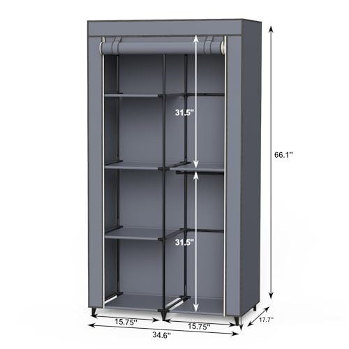 Gray Cover Portable Closet with 6 Shelves & 2 Hanging Rods | Wardrobe closet easy to assemble. Good storage functionality for basic needs. 34.6"×17.7"×66.1". Bedroom, dorm, apartment. - size: Medium