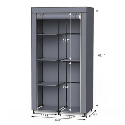 Gray Cover Portable Closet with 6 Shelves & 2 Hanging Rods | Wardrobe closet easy to assemble. Good storage functionality for basic needs. 34.6"×17.7"×66.1". Bedroom, dorm, apartment. - size: Medium