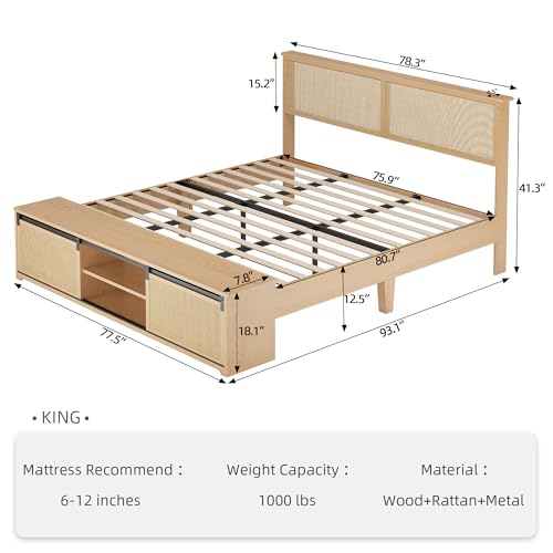 GarveeHome Natural Rattan King Size Bed Frame with Storage Cabinets | Cabinet with Sliding Barn Door, LED Light Headboard, Solid Wood Legs Support, No Box Spring Needed - size: King