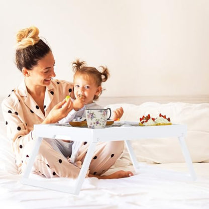 Bamboo Bed Tray Tables with Folding Legs, Medium, 2-Pack, White | Two FSC-certified bamboo bed trays with folding legs, handles and raised edges for meals, laptops, reading and serving. - color: White, size: Medium - 2pc
