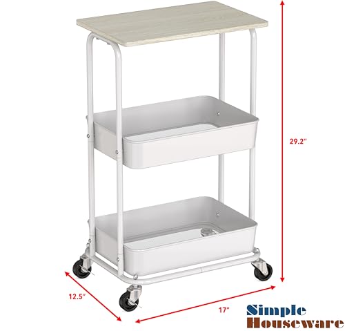 Simple Houseware 2-Tier Rolling Utility Cart Wood Top/Lockable Wheel, Maple | Metal Storage Organizer Trolley for Kitchen, Bathroom, Office, Craft Room - color: Maple